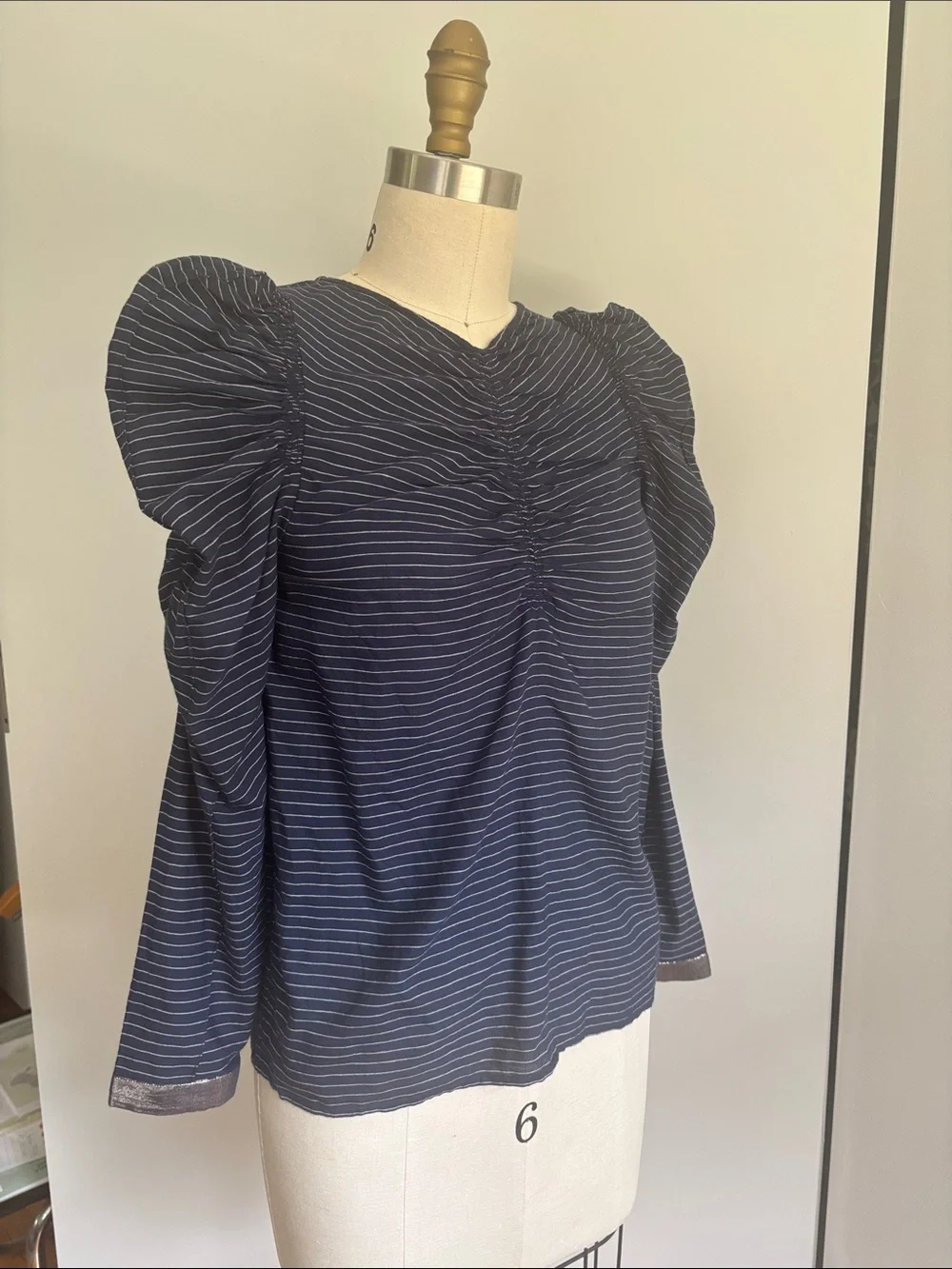 Ulla Johnson Navy Striped Puff-Sleeve Blouse - With Tag from Barneys